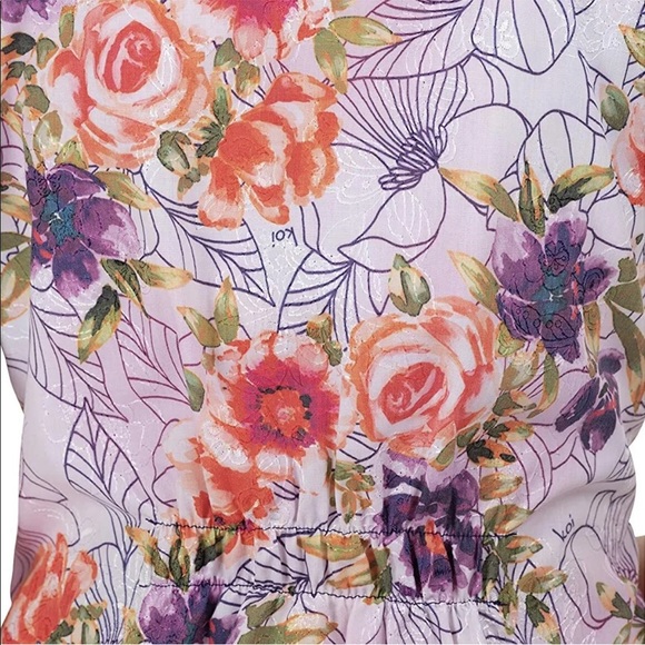 NWT Koi Women’s XS Kinsley Rosey Embroidery Purple Floral Round Neck Scrub Top - Picture 3 of 4
